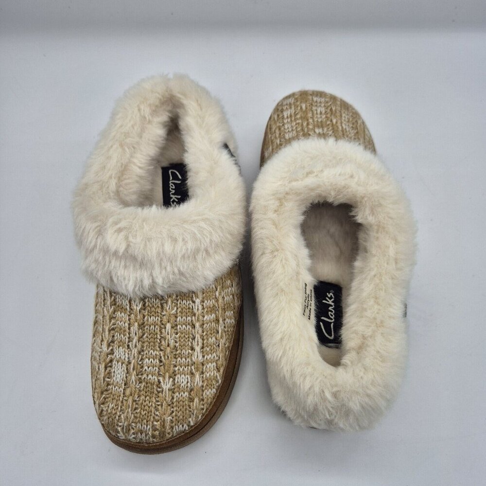 Clarks Women's slippers Size 7 M Beige Tan Knitted Faux Fur Collar Lined Clog - Picture 7 of 11